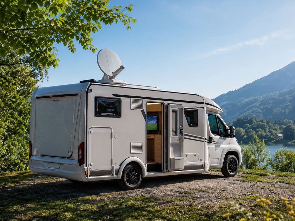 Camping-car équipé d’une parabole automatique sur le toit et d’une parabole manuelle sur pied