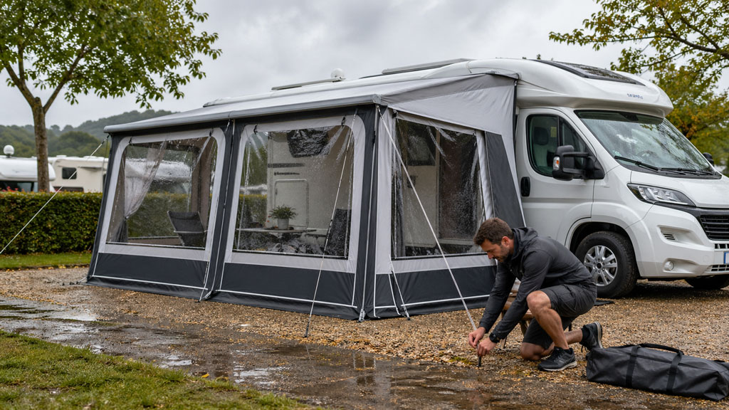 Installation d’un auvent de camping-car avec sardines de fixation au sol après la pluie